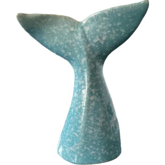 Ceramic Whale Tail Figurine Turquoise Blue Speckled 6 Inches Coastal Decor - Picture 1 of 7